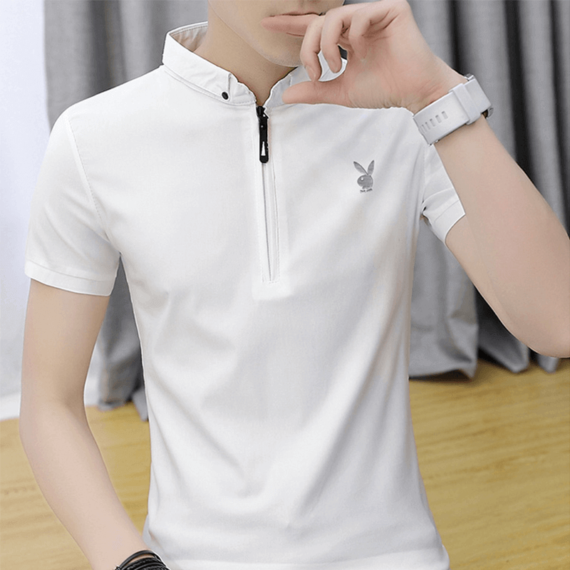 playboy（PLAYBOY）T-shirtTMen's shirt2023Summer Ice SilkTMen's standing collar casual shirtPOLOBottom shirt, top, solid color clothes