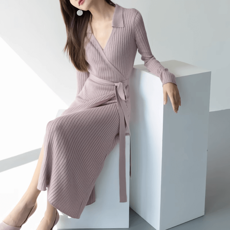 Knock out slim and gentle long wool dressPoloOne piece lace up knitted long dress with collar
